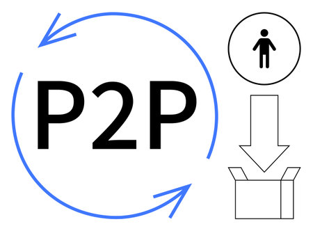 Circular arrows around P2P, person silhouette, downward arrow, and open box suggest sharing, exchange, or delivery. Ideal for collaboration, logistics, sharing economy delivery connection tradeのイラスト素材