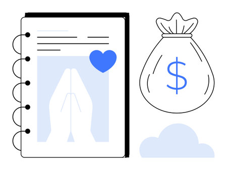 Notebook with praying hands and heart, dollar-marked money bag, and cloud. Ideal for charity, donation, philanthropy, faith, finance community support fundraising. Simple flat metaphorのイラスト素材