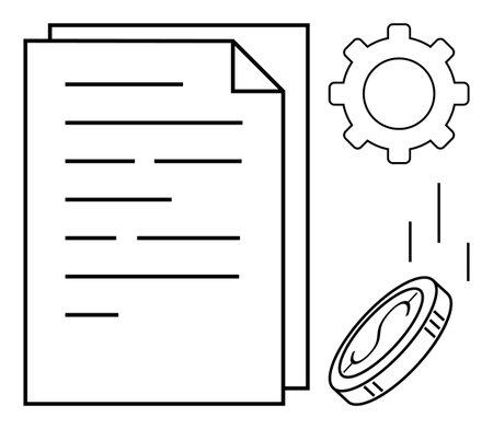 Paper document, gear, and falling coin embody business transactions, system efficiency, and financial decisions. Ideal for finance, workflow, development, budgeting accounting administrationのイラスト素材