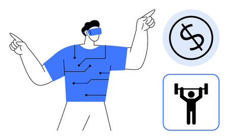 Man wearing VR headset with circuits on shirt, dollar sign and weightlifting icons symbolize technology, finance, and wellness. Ideal for innovation, tech lifestyle, fitness, future economy, digitalのイラスト素材