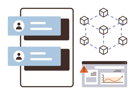Chat messages, a blockchain network with interconnected blocks, and a webpage with a warning icon and rising graph. Ideal for technology, blockchain, communication, security, analytics, dataのイラスト素材