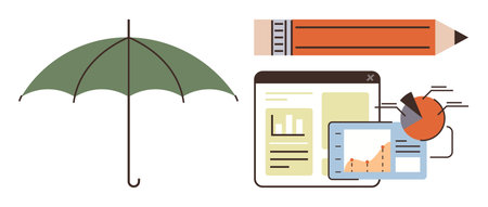 Umbrella symbolizing protection, pencil representing creativity, and charts for data analysis on calculated achievements. Ideal for business strategy, risk management, creativity, analyticsのイラスト素材