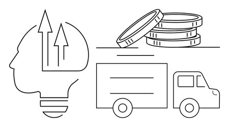 Lightbulb-shaped head with upward arrows symbolizing ideas, stacked coins for finance, truck for logistics. Ideal for business growth, innovation, finance, strategy, logistics, entrepreneurshipのイラスト素材