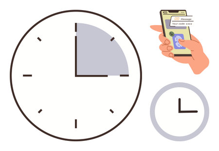 Large clock with shaded segment representing elapsed time, hand holding smartphone displaying security code message. Ideal for time tracking, deadlines, productivity, digital security, two-factorのイラスト素材