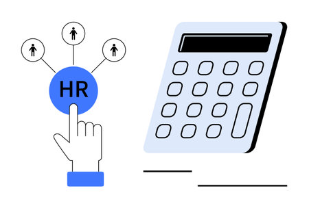 Hand selecting HR button connected to users, calculator representing payroll and cost. Ideal for HR management, payroll processing, cost analysis, employee benefits, workforce planning, digitalのイラスト素材