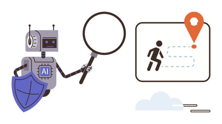 Robot holding magnifying glass and shield reviewing location map with user path and destination marker. Ideal for AI, data security, navigation, location tracking, innovation, analytics, simple flatのイラスト素材
