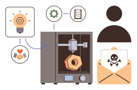 3D printer making a hexagonal object, user figure, lightbulb, gear, checklist, handshake, and...