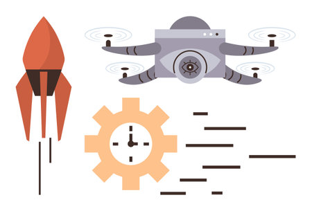 Rocket launch, quadcopter in flight, clock gear, and data lines symbolizing innovation, progress, and technology. Ideal for teamwork, research, automation creativity productivity startupのイラスト素材