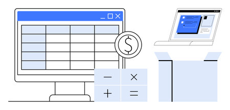 Computer displaying spreadsheet next to calculator, laptop, and open box. Ideal for finance, budget planning, data analysis, accounting, business solutions, office tools and simple flat metaphorのイラスト素材