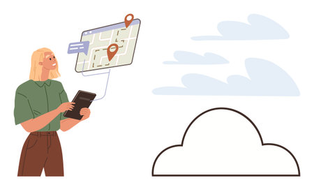 Female character using a tablet to interact with a digital map featuring location pins. Ideal for navigation, technology, connectivity, planning, travel, cloud computing, and digital interactionのイラスト素材