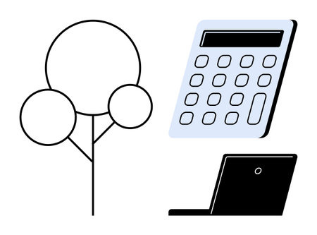 Tree icon next to a calculator and laptop representing eco-conscious decision-making and sustainability. Ideal for business, finance, education, sustainability, innovation, strategy, technologyのイラスト素材