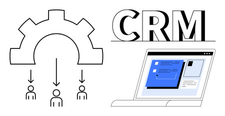 Gear distributing tasks to three individuals, CRM text, and laptop screen interface. Ideal for teamwork, workflow, CRM software, task management, automation productivity collaboration. Simple flatのイラスト素材
