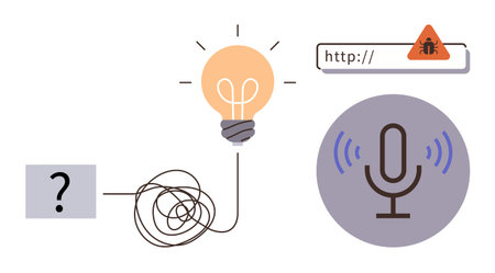 Tangled wire leads to light bulb, a microphone with waves, and a bug warning in URL bar. Ideal for innovation, communication, troubleshooting, cybersecurity, brainstorming, digital literacy simpleのイラスト素材