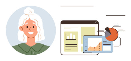 Smiling woman avatar next to data analytics interface with graphs, pie chart, and bar chart. Ideal for business, data visualization, teamwork, productivity, analytics, education and userのイラスト素材