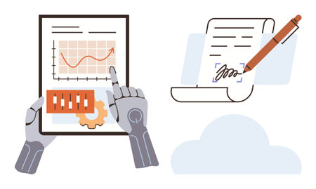Robotic hands interacting with tablet displaying growth graph and gear, alongside digital document signed with pen. Ideal for automation, AI, data, innovation, technology, business, progressのイラスト素材