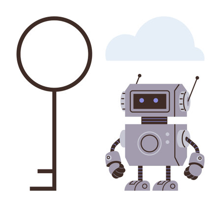 Cute modern robot with antennas standing next to a simple key and cloud. Ideal for technology, security, artificial intelligence, innovation, cloud computing, data protection, and futuristicのイラスト素材