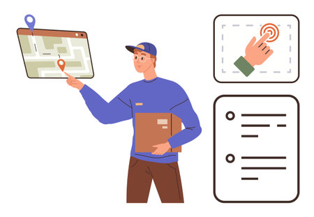Delivery worker pointing at an online map while holding a parcel. Touchscreen and checklist icons surround the scene. Ideal for logistics, navigation, delivery, technology, planning, e-commerceのイラスト素材