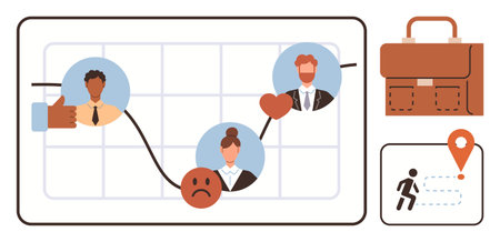 Professional journey graph with emotions, team profiles, goal pin, and briefcase. Ideal for career...