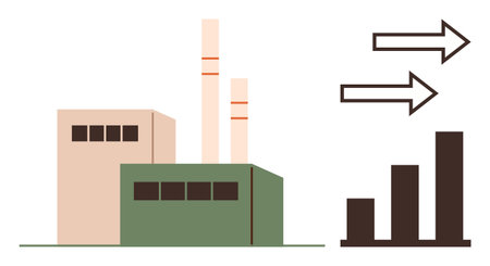 Industrial building with two chimneys next to bar chart and arrows representing growth, efficiency, progress, sustainability, production, business strategy, and success simple flat metaphorのイラスト素材