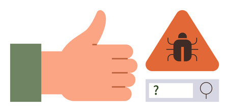 Hand showing thumbs-up sign beside a bug warning in a triangle and search bar. Ideal for cybersecurity, error detection, malware, software testing, debugging, IT concepts, and problem-solving. Cleanのイラスト素材