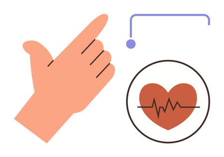 Hand gesturing upward toward heart with heartbeat line inside circle, implying health care, wellness, heart health, fitness monitoring, medical technology, diagnostics, preventive health. Simple flatのイラスト素材