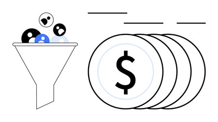 Funnel processing diverse dots into stack of dollar coins, symbolizing sales conversion, monetization, and success. Ideal for marketing strategy, sales process, lead generation, business growth, ROIのイラスト素材