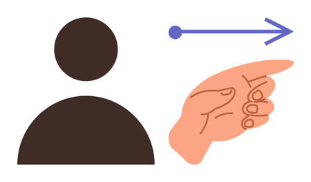 Person icon and hand pointing towards a blue arrow conveying direction, choice, focus, navigation, and teamwork. Ideal for leadership, strategy, mentorship, guidance progress collaboration simpleのイラスト素材