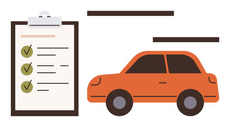 Orange car and clipboard checklist with green ticks representing vehicle inspection, compliance, or maintenance tasks completion. Ideal for automotive service, safety, compliance, inspectionのイラスト素材