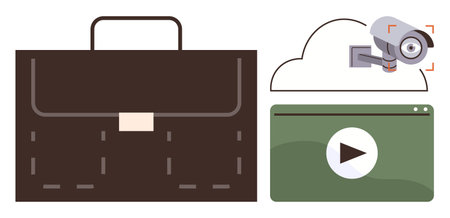 Briefcase for business, security camera on cloud for surveillance, play button on screen for video. Ideal for business, security, cloud services, video content, data protection, modern workのイラスト素材