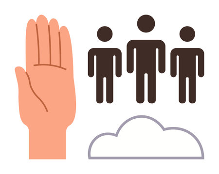 Raised hand gesture beside three human figures and cloud. Ideal for teamwork, communication, support, collaboration, leadership, community building, equality themes. Simple flat metaphorのイラスト素材