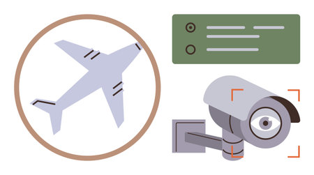 Airplane circled in brown, CCTV camera with red focus marks, control panel. Ideal for aviation, surveillance, safety, monitoring, control travel and security themes. Simple flat metaphorのイラスト素材