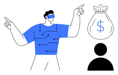 Man in VR headset gesturing, connected circuit lines on shirt, dollar bag, user silhouette. Ideal for technology, virtual reality, innovation, finance future investment digital connection. Simpleのイラスト素材
