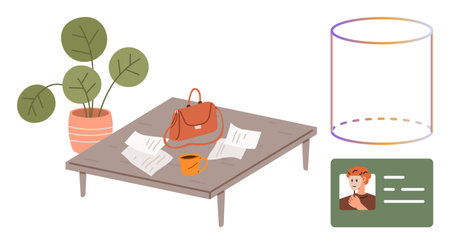 Table with papers, orange mug, and bag beside a potted plant. Includes ID card and abstract cylindrical diagram. Ideal for organization, identity, workspace, minimalism, productivity conceptualのイラスト素材