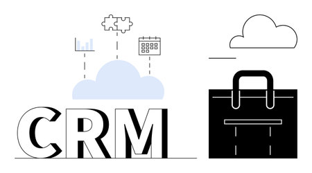 CRM text with analytics, puzzle, calendar icons connected to a cloud, next to a black briefcase. Ideal for business, technology, cloud storage, customer management, data analytics teamworkのイラスト素材