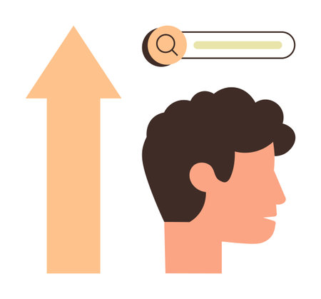 Head silhouette paired with search bar and arrow pointing upward to signify exploration, growth, and progress. Ideal for search, success, innovation, analytics, learning, improvement navigationのイラスト素材