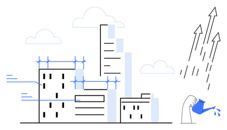 Skyscrapers under construction with scaffolding, hand watering with can leading to upward arrows. Ideal for business growth, innovation, development, urban planning, investment, progress, successのイラスト素材