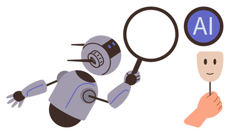 Robot holds magnifying glass inspecting human face mask and AI symbol, exploring identity and artificial intelligence themes. Ideal for technology, AI ethics, identity, research, innovationのイラスト素材