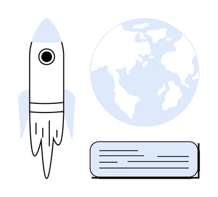 Rocket blasting off beside Earth globe and text box representing innovation, exploration, progress. Ideal for science, technology, education, global communication, startup, success space travelのイラスト素材