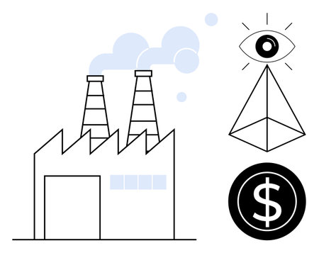 Factory emitting smoke and geometric shapes eye, pyramid, and dollar inside a circle. Ideal for innovation, governance, finance, industry, strategy sustainability and vision concepts. Simple flatのイラスト素材