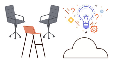 Two office chairs and a tall stool next to a glowing light bulb with question marks, gears, and a cloud outline. Ideal for teamwork, brainstorming, innovation, technology, education, problem-solvingのイラスト素材