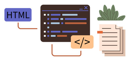 Code editor showcasing lines of HTML code, connected to an HTML tag icon and a document. Ideal for programming, coding, technology, education, web design, development learning. Simple flat metaphorのイラスト素材