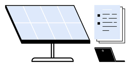 Solar panel on a stand, stack of documents, and laptop highlighting energy efficiency, data review, eco-friendly practices, and technology. Ideal for sustainability, research, green technologyのイラスト素材