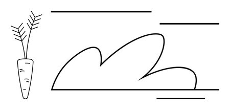 Carrot with leaves alongside stylized bush and simple abstract horizontal lines. Ideal for agriculture, farming, gardening, nature, simplicity, organic products, sustainability, conveying a cleanのイラスト素材