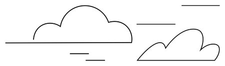 Simplified cloud outlines with clean horizontal streaks evoke an airy, serene sky effect. Ideal for weather, freedom, tranquility, creativity, simplicity, digital design nature concepts. Minimalのイラスト素材