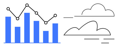 Bar graph with a line chart overlay represents data analysis and trends. Abstract clouds symbolize cloud computing. Ideal for technology, data, analytics, cloud storage, business, statistics, simpleのイラスト素材