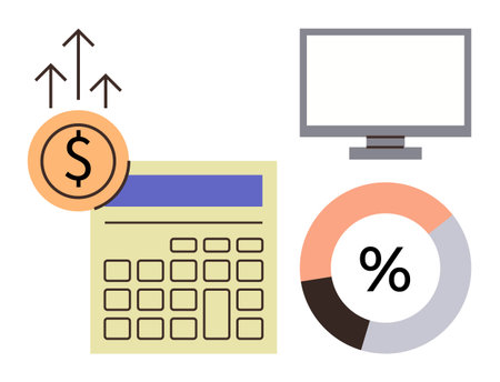 Calculator with rising dollar arrows, monitor display, and percentage pie chart. Ideal for finance, economics, business analysis, growth planning, budgeting investment market statistics. Simpleのイラスト素材