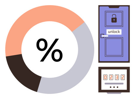 Pie chart with percentage symbol, closed door with lock, and keypad with numbers. Ideal for security, data analysis, statistics, access control, password protection, encryption visual representationのイラスト素材