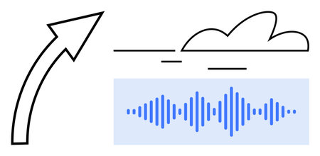 Upward arrow, sound wave graphics, and cloud element symbolizing progress, technology, data processing, and innovation. Ideal for communication, growth, cloud computing digital analytics successのイラスト素材