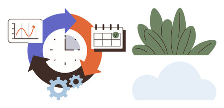 Clock and arrows represent workflow cycles, calendar symbolizes scheduling. Gears indicate processes, with nature elements suggesting sustainability. Ideal for time management, planning, efficiencyのイラスト素材