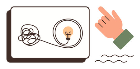 Tangled line transitions to a light bulb, guided by hand gesture. Ideal for innovation, creativity, problem-solving, decision-making, strategy, brainstorming education concepts. Simple flat metaphorのイラスト素材
